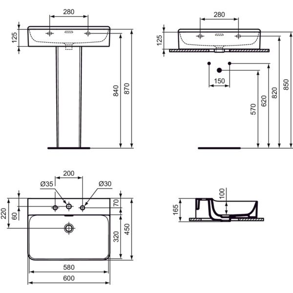 Ideal Standard - Waschtisch CONCA, 3 Hl., m.Ül., 600x450x165mm, geschliffen, Weiß m.IP