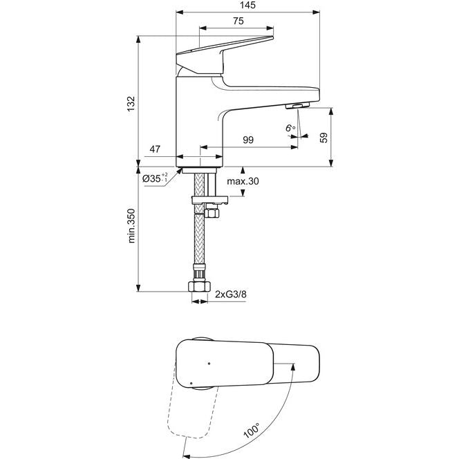 Ideal Standard - Waschtischarmatur CERAPLAN H60 o.Ablaufgarn. Ausld.99mm BlueStart Chrom