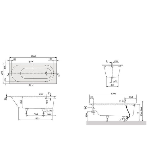 VILLEROY & BOCH - Quaryl-Badewanne A18 rechteck KF 1700x700x450mm mit Wannenfüßen weiß