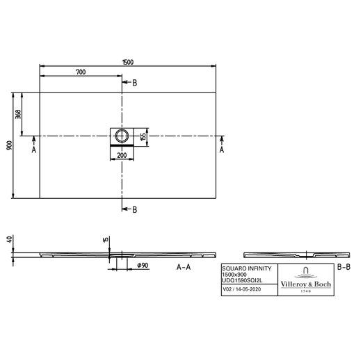 VILLEROY & BOCH - Duschwanne Squaro Infinity 1500x900x40mm re-eckig EB:li Anthracite