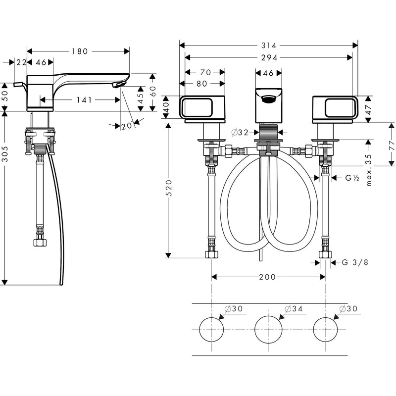 Hansgrohe - 3-Loch Waschtischarmatur 50 AXOR Urquiola Standmodell chrom ohne Platte