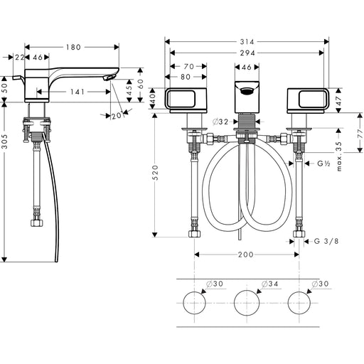 Hansgrohe - 3-Loch Waschtischarmatur 50 AXOR Urquiola Standmodell chrom ohne Platte