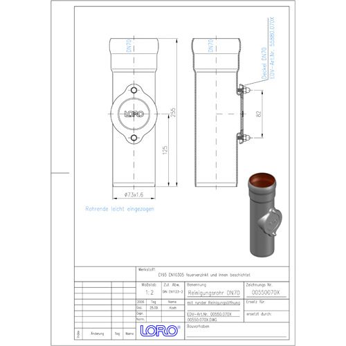 Lorowerk - Reinigungsrohr 00550. DN 70 mit runder Reinigungsöffnung