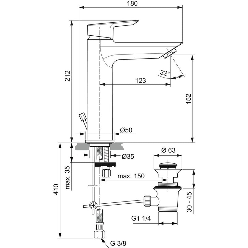 Ideal Standard - Waschtischarmatur TESI, Grande, 5 l/min., m.Ablgarn., Ausld.123mm, Chrom
