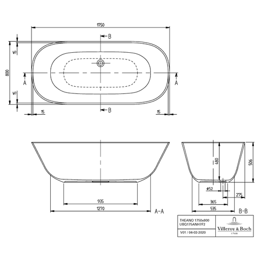 VILLEROY & BOCH - Badewanne THEANO, freistehend Colour on Demand 1750x800mm weiß alpin
