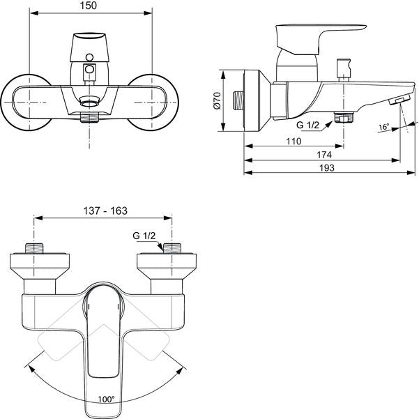 Ideal Standard - Badearmatur AP CONNECT AIR Ausld. 174mm, Chrom