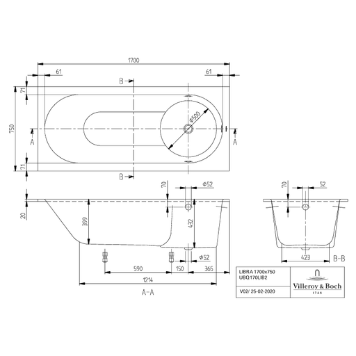 VILLEROY & BOCH - Badewanne LIBRA UBQ170LIB2V 1700x750 Quaryl weiß