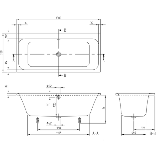 VILLEROY & BOCH - Badewanne Architectura 157ARE2A1 re-eckig m. System AC TP1 Weiß Alpin