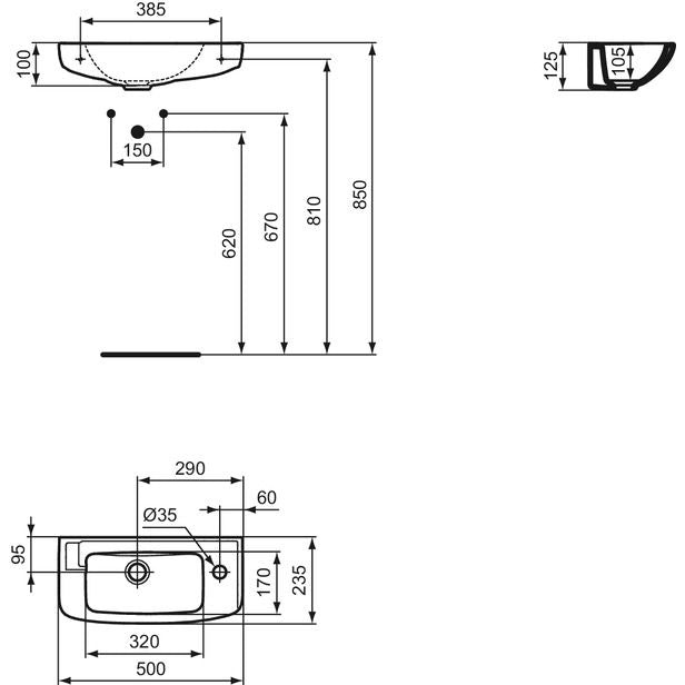 Ideal Standard - Handwaschbecken EUROVIT, 1 Hl.rechts, o.Ül., 500x235x125mm, Weiß