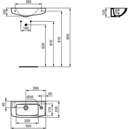 Ideal Standard - Handwaschbecken EUROVIT, 1 Hl.rechts, o.Ül., 500x235x125mm, Weiß