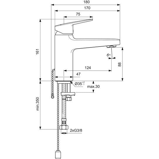 Ideal Standard - WT-Armatur CERAPLAN H90 mit Kette o.Ablaufgarn. Ausld.124mm Chrom