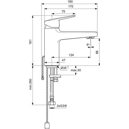 Ideal Standard - WT-Armatur CERAPLAN H90 mit Kette o.Ablaufgarn. Ausld.124mm Chrom