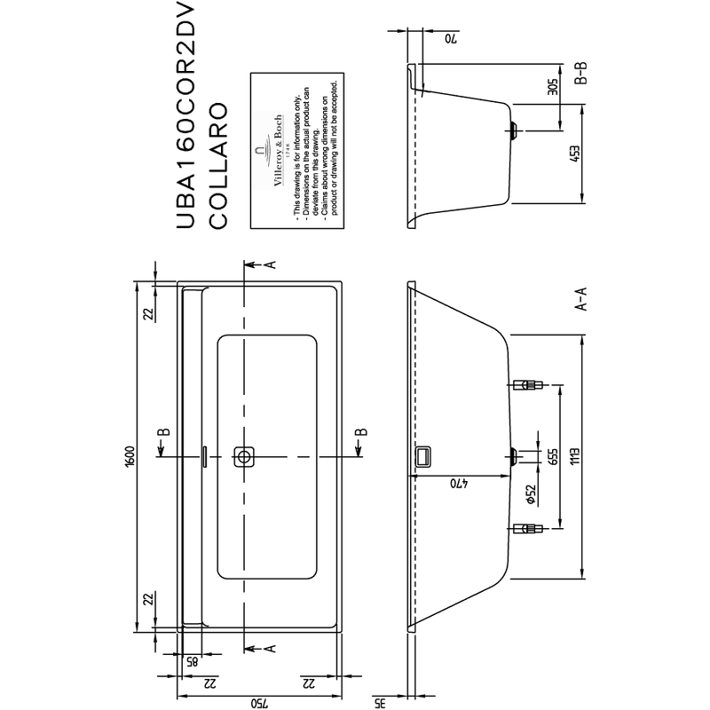 VILLEROY & BOCH - Badewanne Collaro 1600x750x620mm re-eckig m. System AE TP2 Stone White