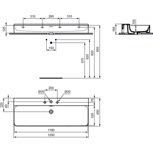 Ideal Standard - Waschtisch CONCA, 3 Hl., m.Ül., 1200x450x165mm, geschliffen, Weiß