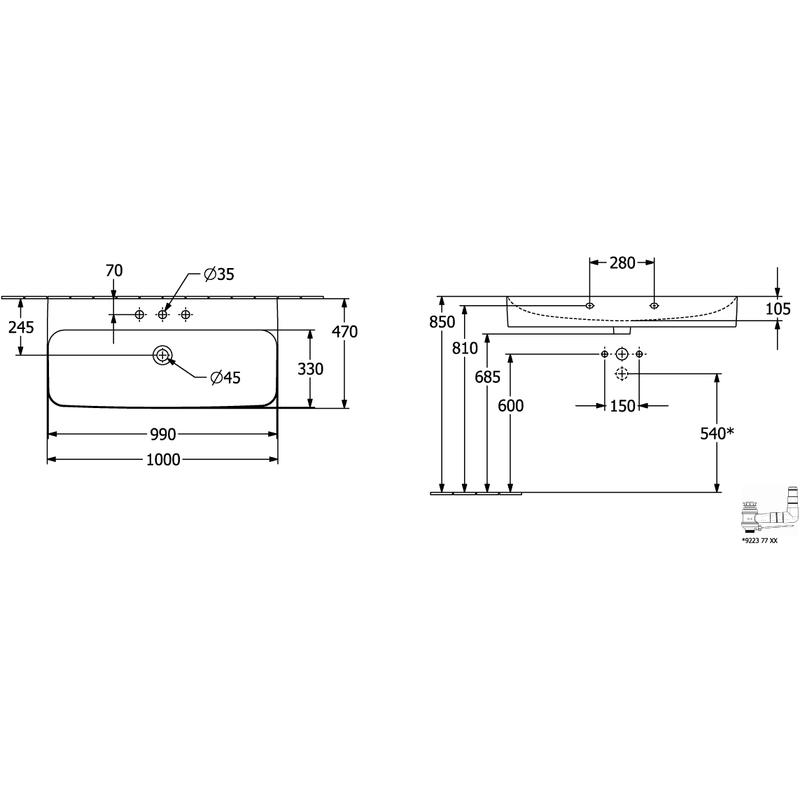 VILLEROY & BOCH - WT FINION 4168 1000x470mm mittl HL durchgest verd ÜL eck Weiß Alpin C