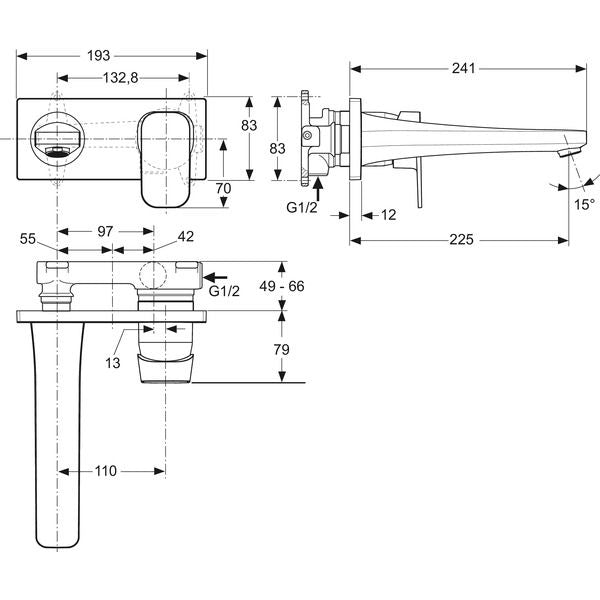 Ideal Standard - Wand-WT-Armatur UP TONIC II,5 l/min., Bausatz 2,Ros.193x83mm,Ausld.225mm,Chrom