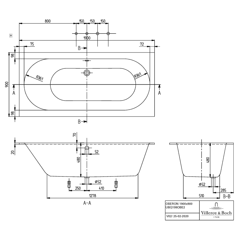 VILLEROY & BOCH - Badewanne Oberon 1900x900x505mm re-eckig m. System AC TP1 Weiß Alpin