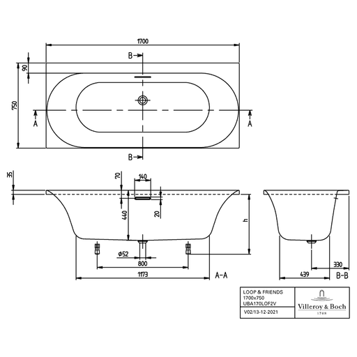 VILLEROY & BOCH - BW Loop&Friends LOF 1700x750x625mm re-eckig m. Sys AC TP2 Zul. Weiß Alpin