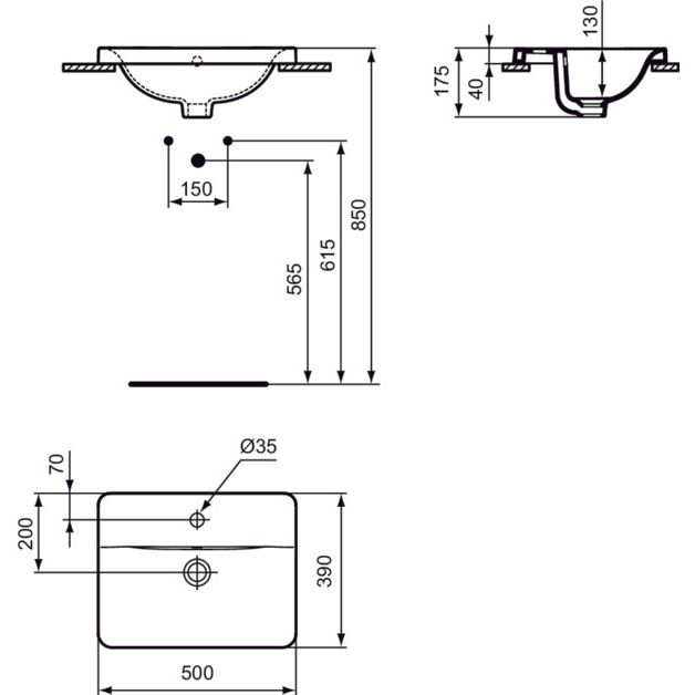 Ideal Standard - Einbauwaschtisch CONNECT, rechteckig, 1Hl., m.Ül., 500x390x175mm, Weiß