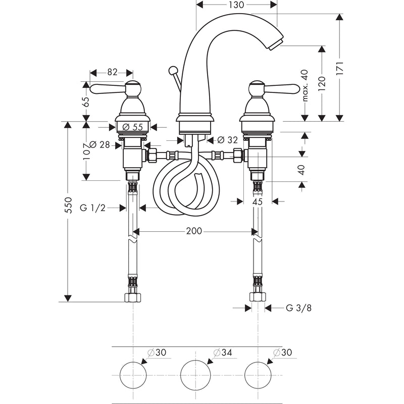 Hansgrohe - 3-Loch Waschtischarmatur Axor Carlton chr./gold Hebelgr.hoher Auslauf