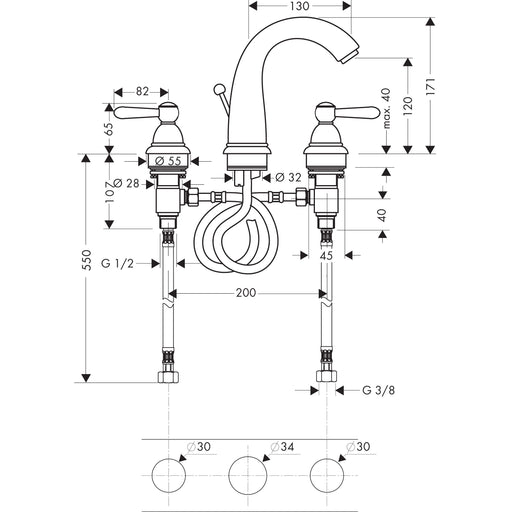Hansgrohe - 3-Loch Waschtischarmatur Axor Carlton chr./gold Hebelgr.hoher Auslauf