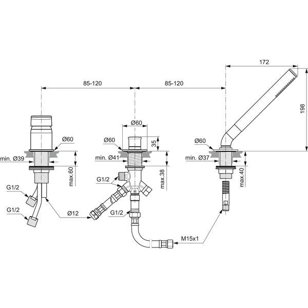 Ideal Standard - 3-Loch-Badearmatur TONIC II, o. Wanneneinlauf, m. Handbrause, Chrom