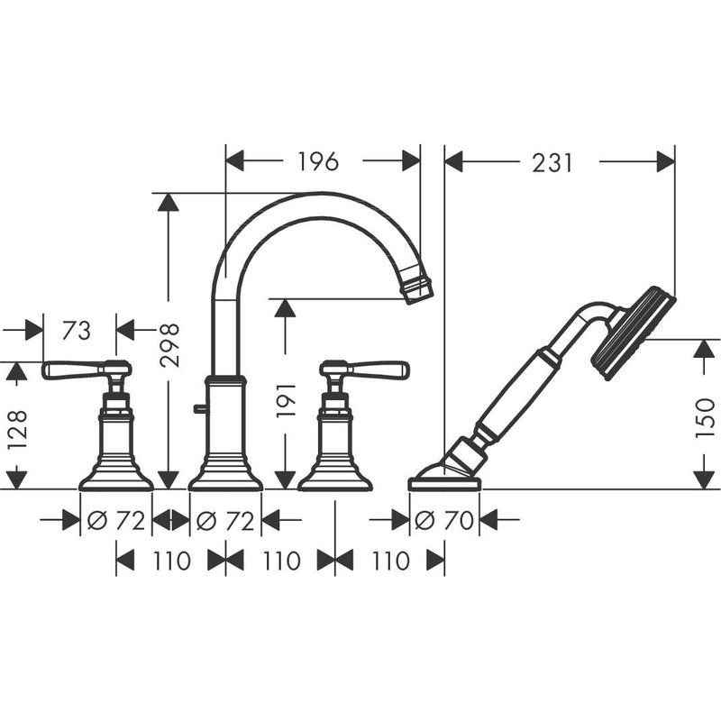 Hansgrohe - 4-Loch Wannenarmatur AXOR Montreux F-Set für Wannenrand BN m.Hebelgriffen