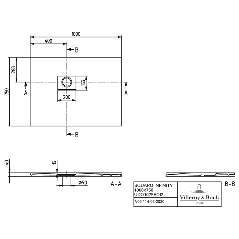 VILLEROY & BOCH - Duschwanne Squaro Infinity 1000x750x40mm re-eckig EB:li Anthracite