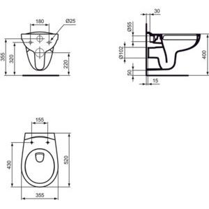 Ideal Standard - Wand-T-WC EUROVIT, ohne Spülrand 360x530x350mm, weiß