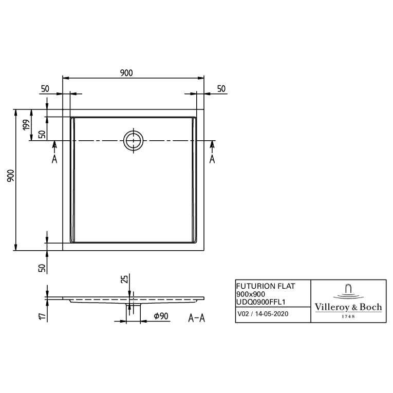 VILLEROY & BOCH - Brausewanne FUTURION FLAT UDQ0900FFL1 900x900x17 Quaryl weiß