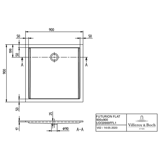 VILLEROY & BOCH - Brausewanne FUTURION FLAT UDQ0900FFL1 900x900x17 Quaryl weiß