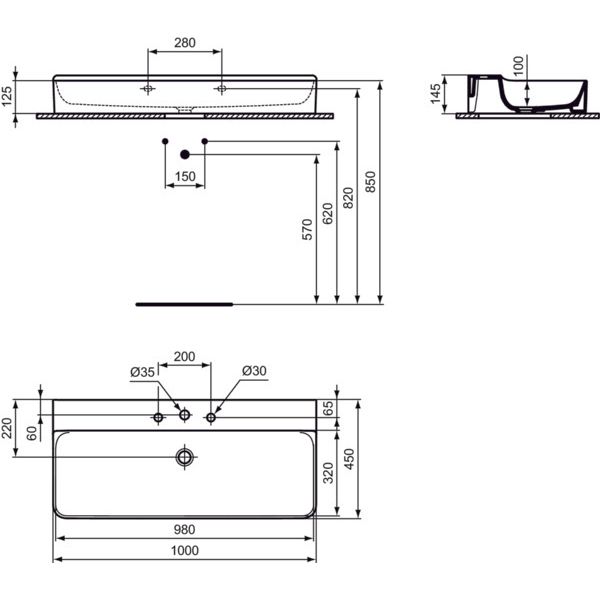 Ideal Standard - Waschtisch CONCA, 3 Hl., o.Ül., 1000x450x145mm, Weiß