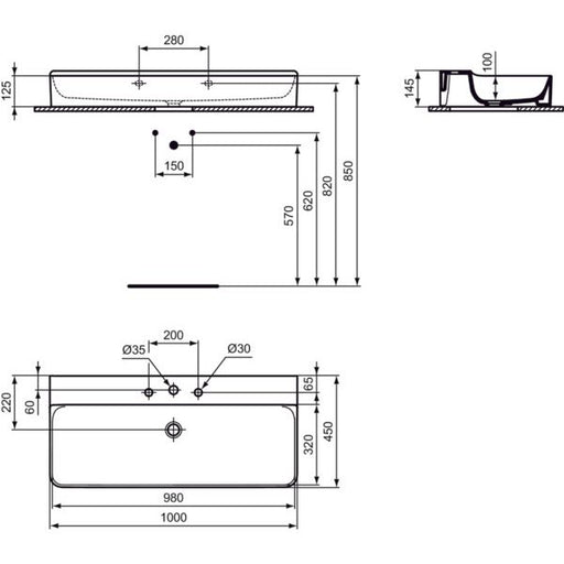 Ideal Standard - Waschtisch CONCA, 3 Hl., o.Ül., 1000x450x145mm, Weiß