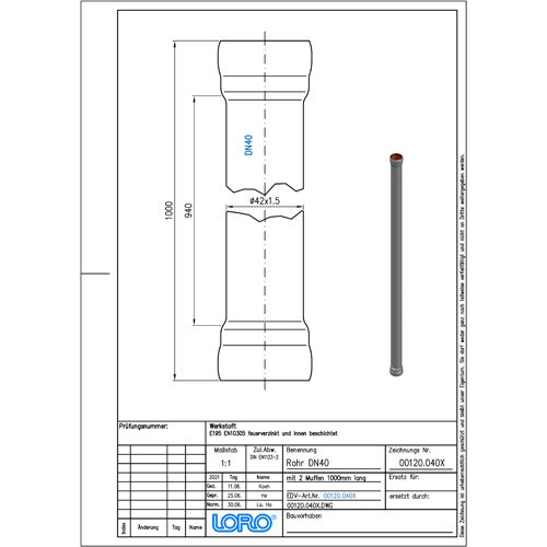 Lorowerk - Rohr 00120. DN 40x1000mm mit 2 Muffen
