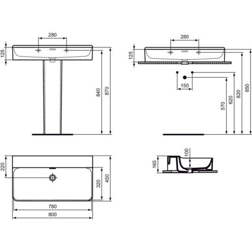 Ideal Standard - Waschtisch CONCA, o.Hl., m.Ül., 800x450x165mm, geschliffen, Weiß