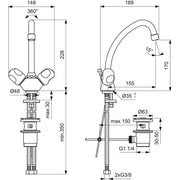 Ideal Standard - 2-Griff Waschtischarmatur ALPHA B2038A 155mm m. schwenkb. Auslauf chrom