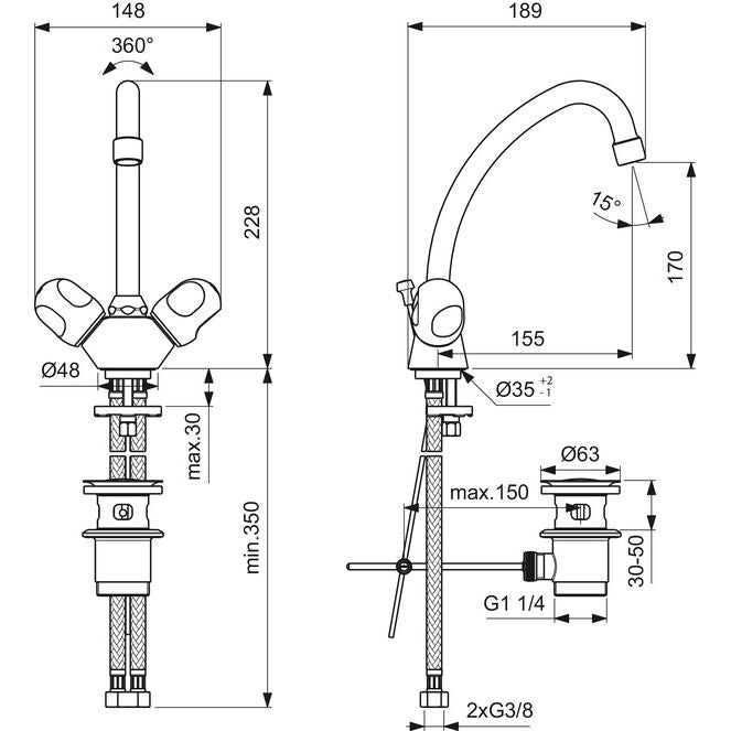 Ideal Standard - 2-Griff Waschtischarmatur ALPHA B2038A 155mm m. schwenkb. Auslauf chrom