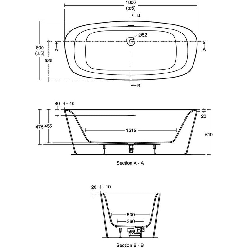 Ideal Standard - Badewanne DEA, freistehend, 1800x800x475/610mm, Weiß
