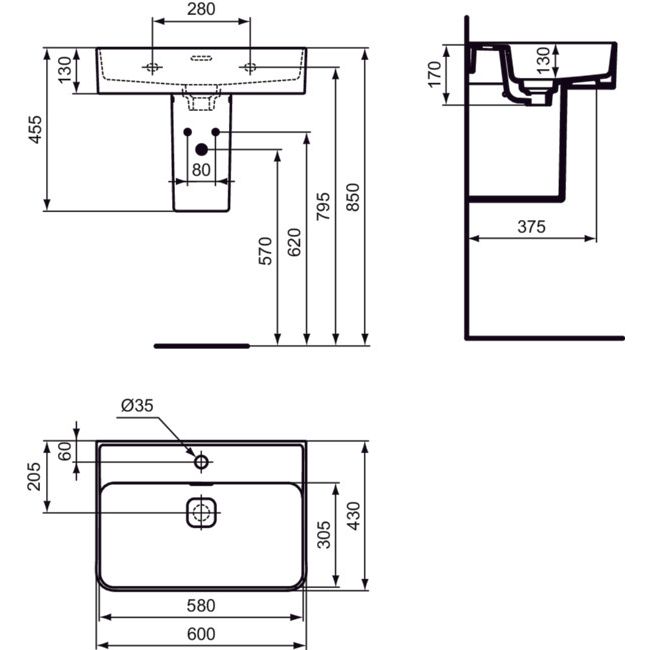 Ideal Standard - Waschtisch STRADA II, 1 Hl., m.Ül., geschliffen, 600x430x170mm, Weiß m. IP