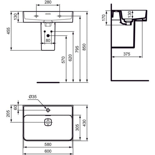 Ideal Standard - Waschtisch STRADA II, 1 Hl., m.Ül., geschliffen, 600x430x170mm, Weiß m. IP