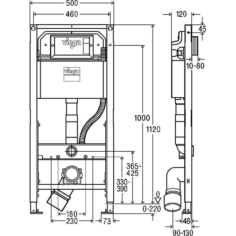 Viega - WC Element PREVISTA Dry verstellb. 8521 mit Dusch WC Anschluss 1120mm