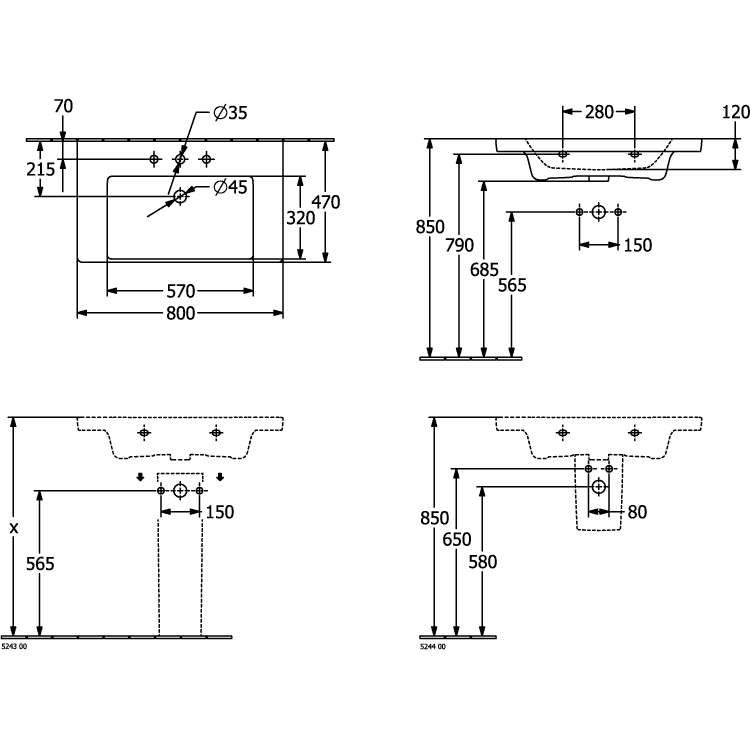 VILLEROY & BOCH - Schrankwaschtisch Subway 3.0 800x470 mm re-eckig m. ÜL. Weiß Alpin cplus