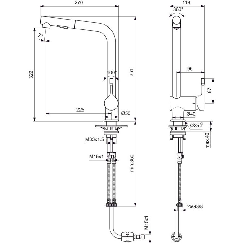Ideal Standard - Küchenarm. CERALOOK, m.herausz.HB, m.hohem Auslauf, Ausld.225mm, Chrom