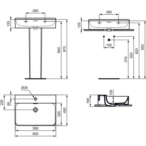 Ideal Standard - Waschtisch CONCA, 1 Hl., m.Ül., 600x450x165mm, Weiß