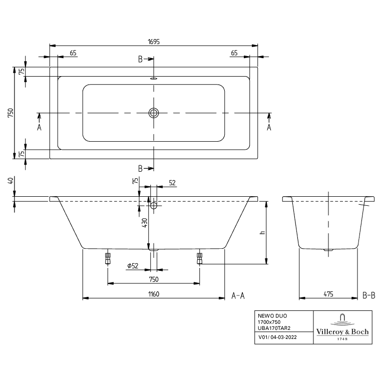 VILLEROY & BOCH - Badewanne NEWO 1700x750x440mm Duo Rechteck Weiß Alpin