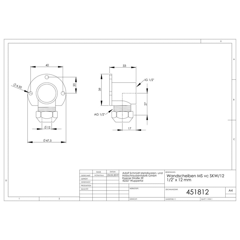 Adolf Schmidt - Wandscheiben MS verchromt mit 1 Quetsche 1/2x12mm