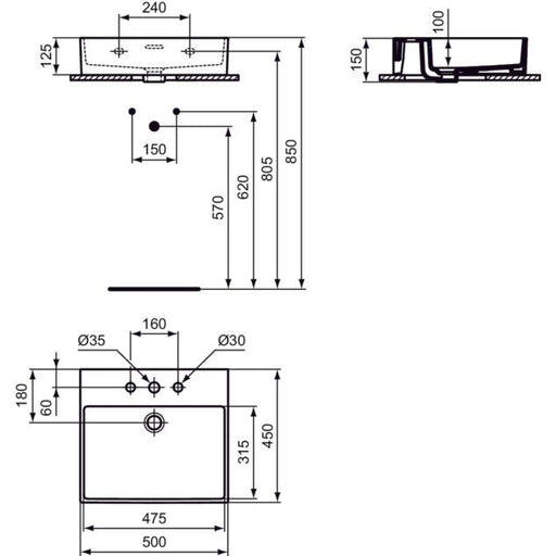 Ideal Standard - Waschtisch EXTRA, 3 Hl., m.Ül., 500x450x150mm, Weiß mit IdealPlus