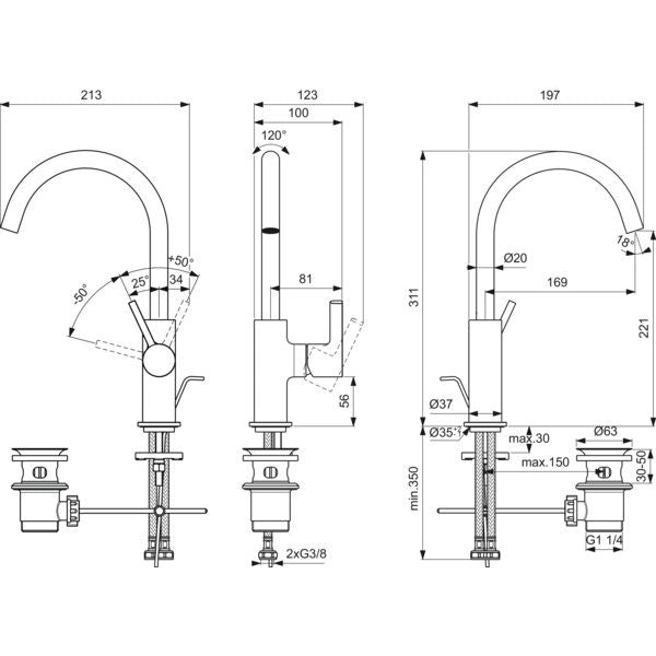 Ideal Standard - Waschtischarmatur JOY, m.h.Auslauf, m.Ablgarn., Ausld.169mm, Chrom