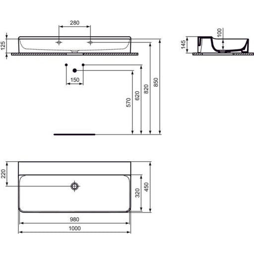 Ideal Standard - Waschtisch CONCA, o.Hl., o.Ül., 1000x450x145mm, geschliffen, Weiß m.IP