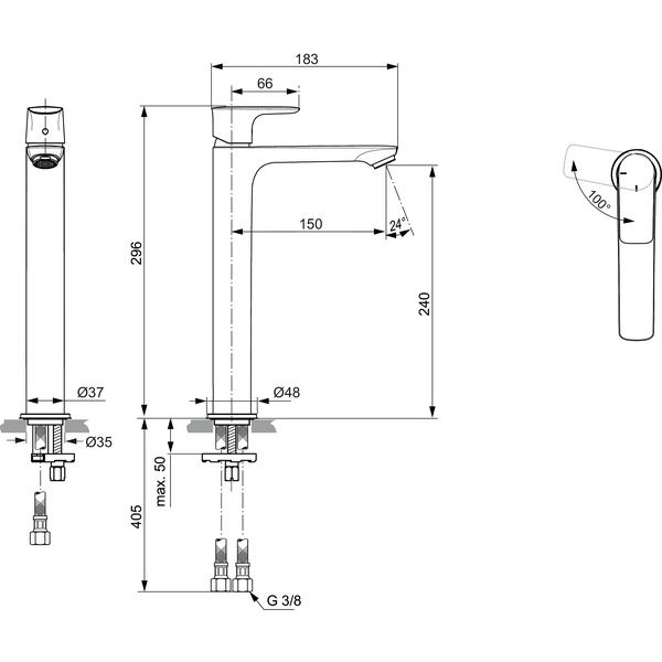 Ideal Standard - WT-Arm. CONNECT AIR, Slim, BlueStart, m.verl.Sockel, o.Ablgarn., Chrom